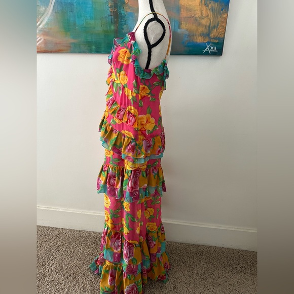 Betsey Johnson NWT Rare Vintage Silk Pink Yellow Roses Tiered Ruffle Maxi Dress - Picture 5 of 14